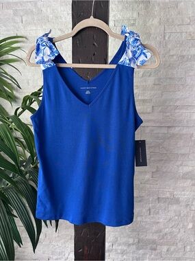 Tommy Hilfiger Royal Blue V-Neck Tie-Shoulder Tank Blouse Size M New Tags